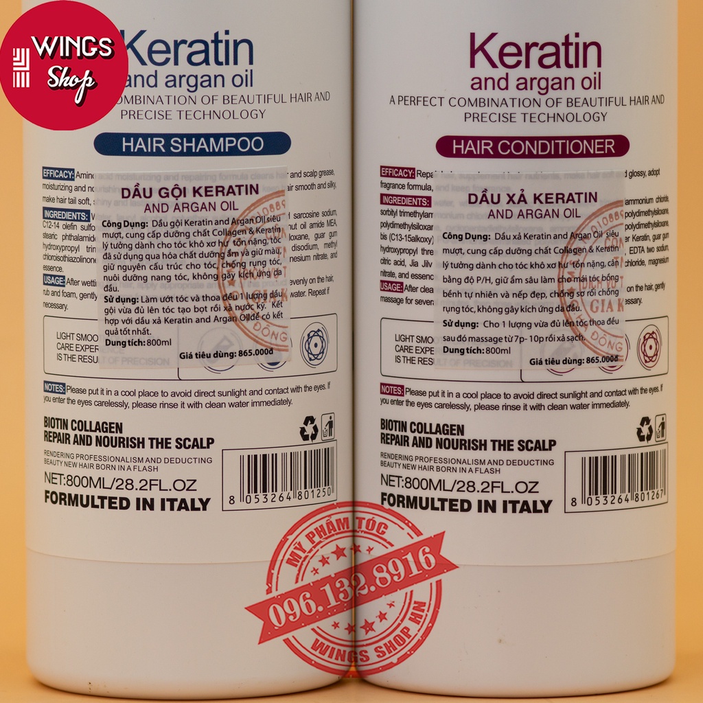 Cặp dầu gội xả Keratin &amp; Argan Oil 800ML | Phục hồi tóc khô xơ Ngăn rụng tóc | Wings Shop