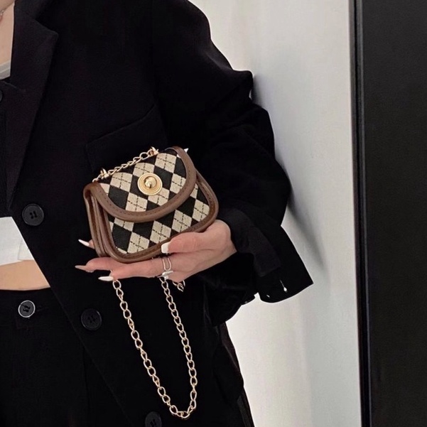 Túi đeo chéo mini dây xích caro túi hộp vuông cao cấp ins túi bao tử