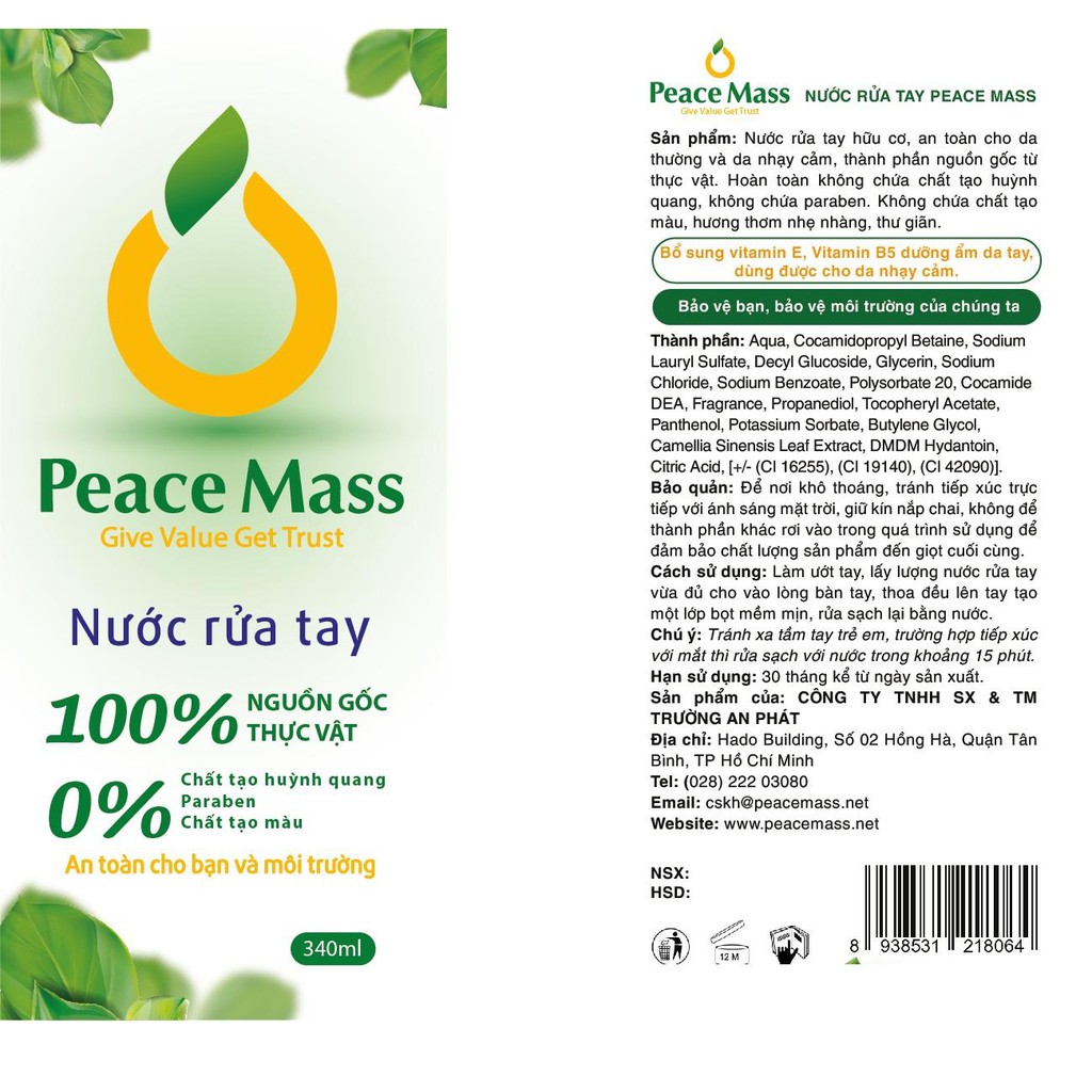 Nước Rửa Tay Hữu Cơ Peace Mass - An toàn cho da nhạy cảm có tác dụng diệt khuẩn - 340ml | BigBuy360 - bigbuy360.vn
