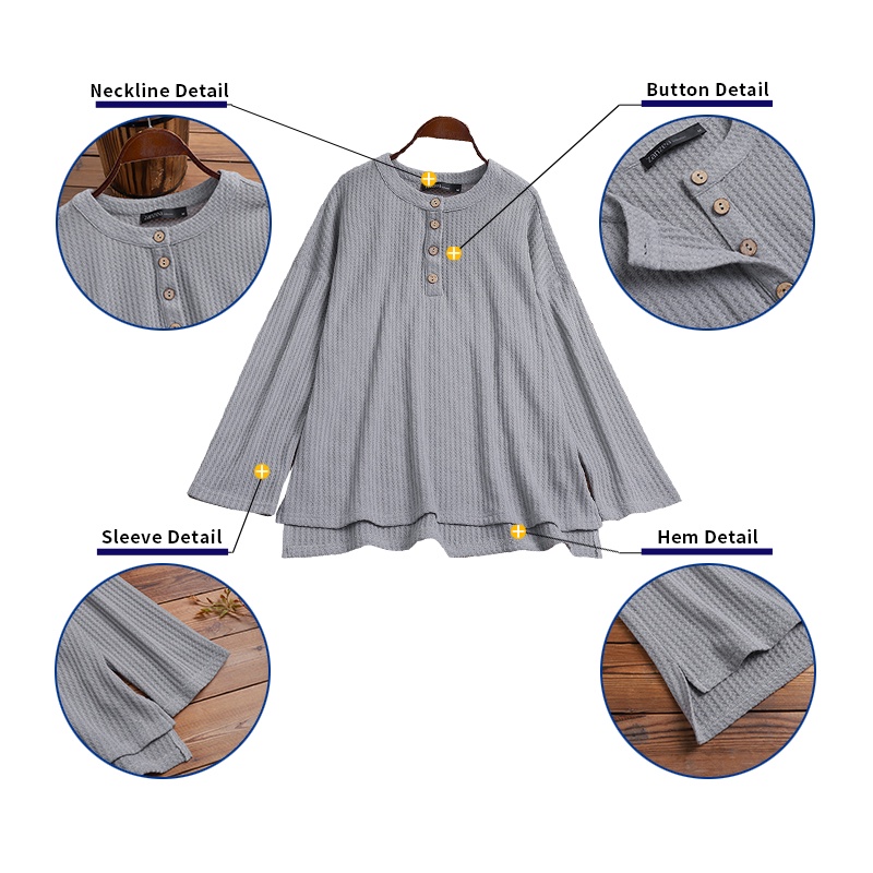 Áo ZANZEA tay dài cổ tròn màu trơn cho nữ