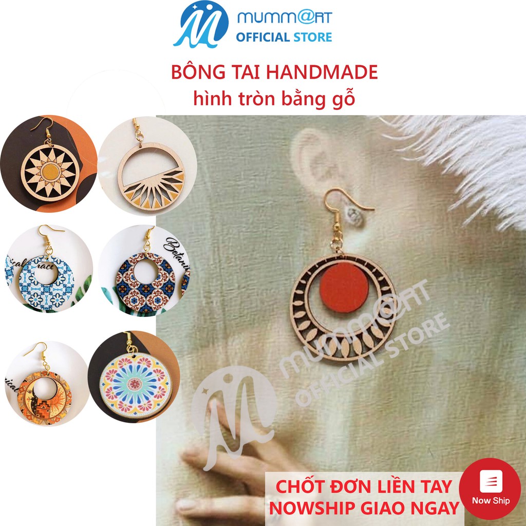 Bông tai handmade phong cách vintage, hình tròn, tam giác, chữ nhật bằng gỗ - Mummart