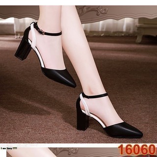 Giày gót vuông bít mũi phối màu hq 7cm 16060