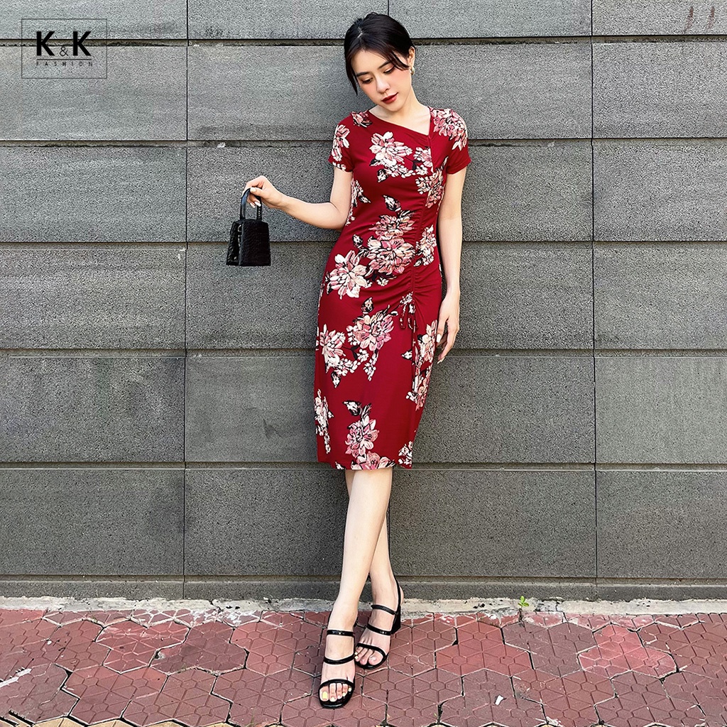 Đầm Ôm  Họa Tiết Hoa K&K Fashion HL20-20 Tùng Rút Dây Nơ Chất Liệu Thun Hàn