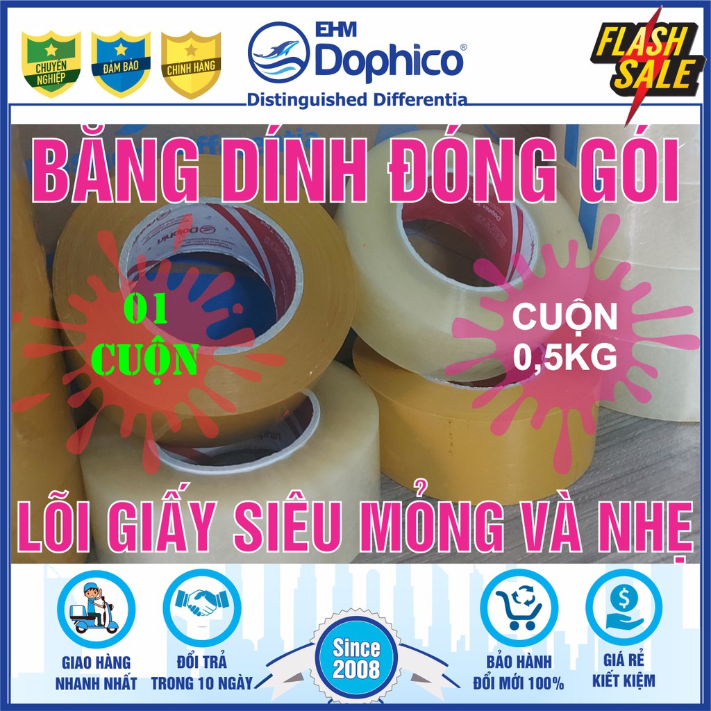 Băng dính 0,5kg/cuộn – Lõi giấy siêu mỏng 2,5mm và nhẹ - Chuyên dùng đóng hàng hóa, thùng carton