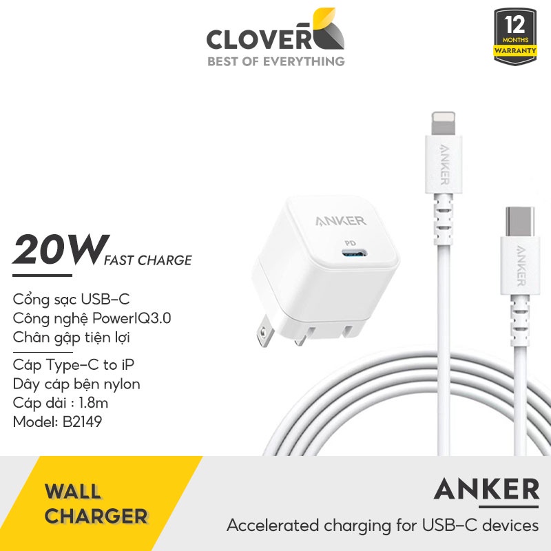 Bộ Sạc ANKER PowerPort III Cube A2149 Sạc Nhanh 20W Chân Gập Tiện Lợi Kích Thước Nhỏ Gọn Cho iP 11 12 13 Pro Max Cloverb