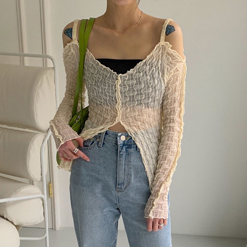 Áo Khoác Lưới Xuyên Thấu Trễ Vai Chống Nắng Dáng Ôm Thời Trang Hàn Quốc Cho Nữ