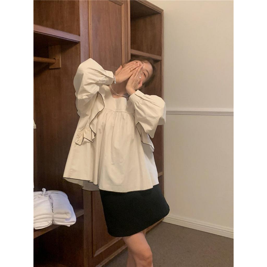 Áo Sơ Mi Dài Tay Cổ Vuông Thêu Họa Tiết Phong Cách Hàn Quốc 56363