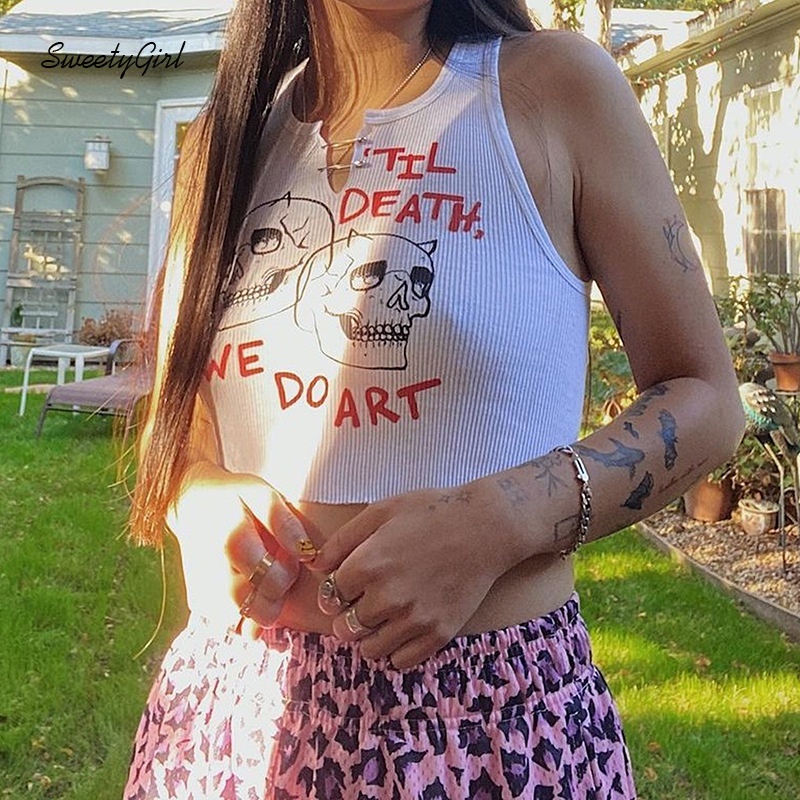 Áo Tank Top Cổ Tròn In Họa Tiết Đầu Lâu Hoạt Hình Phong Cách Gothic Thời Trang Cho Nữ