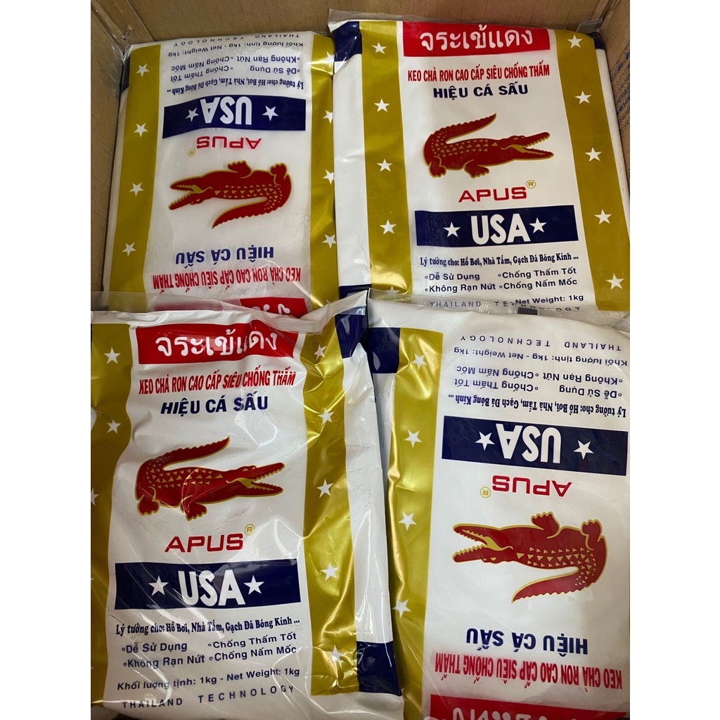 Keo chà ron cao cấp siêu chống thấm hiệu cá sấu loại 1kg, kèm miếng nhựa trét (quét) keo, bột chà ron, xi măng trắng