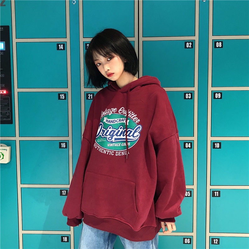 ZHELIHANGFEI  Áo Hoodie Dáng Rộng In Chữ Cá Tính Trẻ Trung