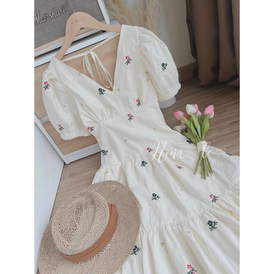 [9.9 Sales Freeship] Đầm maxi nữ ôm eo dáng dài, đầm trắng tiểu thư in hoa cổ v tay phồng cột dây sau lưng xinh xắn