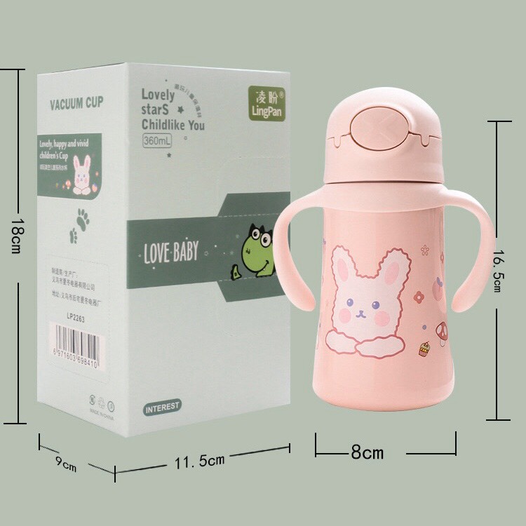 Bình Nước Trẻ Em Giữ Nhiệt 360ml, Bình Đựng Nước Đi Học Cho Bé  An Toàn Kèm Dây Xách