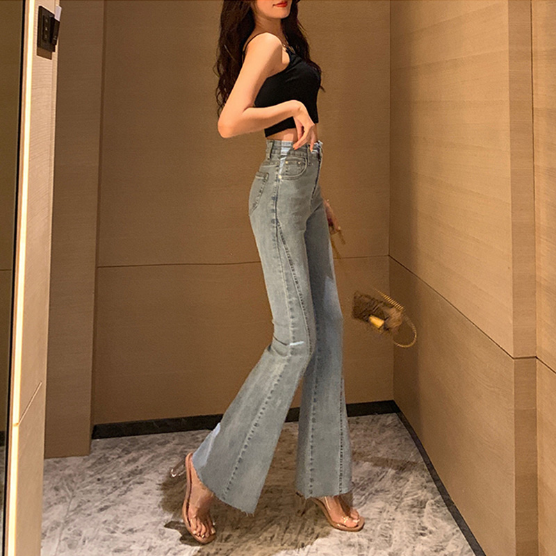 DUNEA Quần jean dài lưng cao dáng ôm ống loe co giãn dành cho nữ