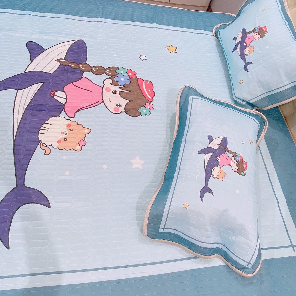 set chiếu cao su non latex 5d [ SIÊU ÊM - SIÊU MÁT ] mặt vải thun lạnh , chun cài 4 góc - bé cá heo