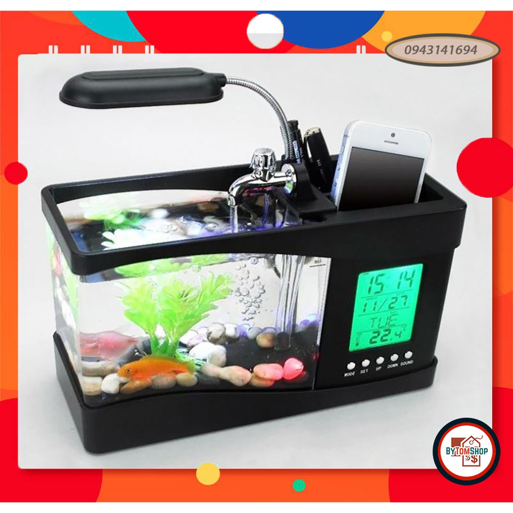 BỂ CÁ CẢNH MINI PHONG THỦY🐬 KIÊM ĐỒNG HỒ ĐỂ BÀN SIÊU ĐẸP - TẶNG KÈM ĐÁ VÀ CÂY TRANG TRÍ - BYTOM