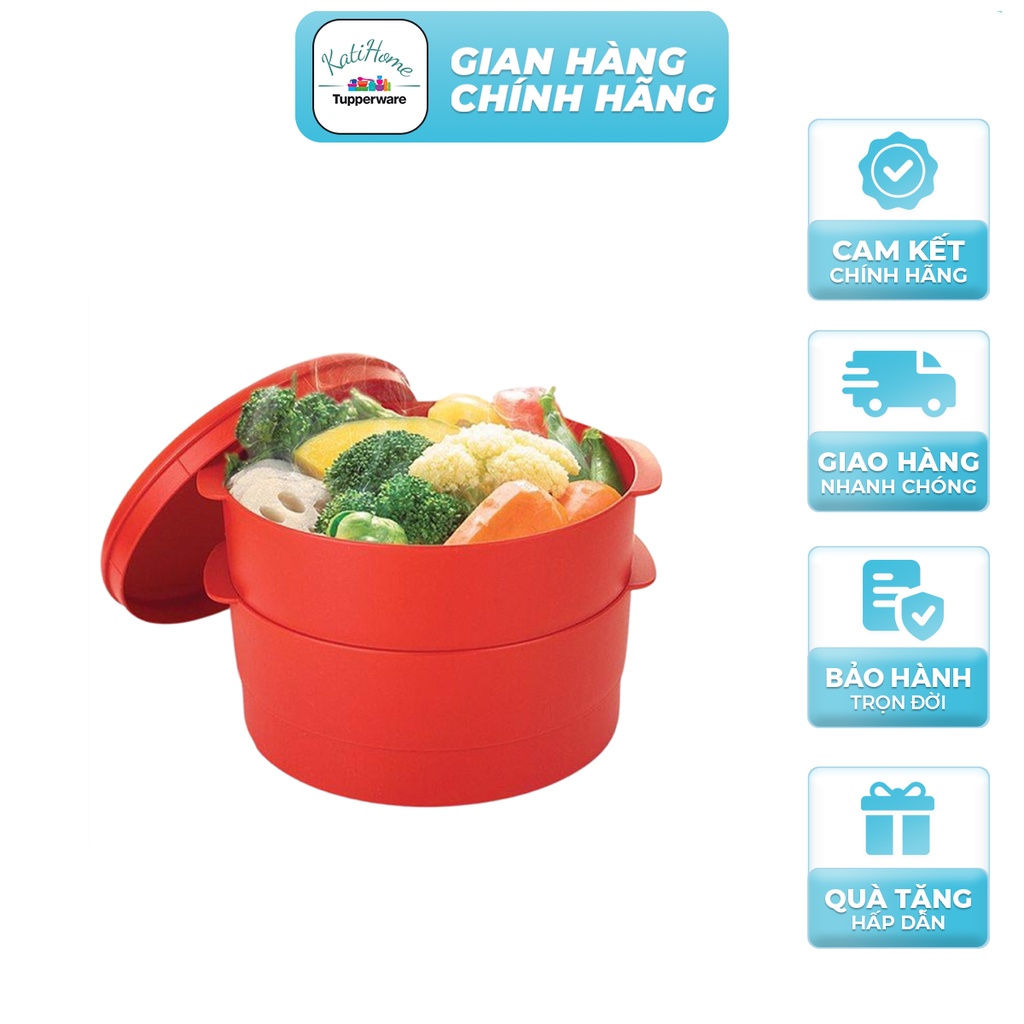 Xửng Hấp Tupperware Steam It 2 3 Tầng Màu đỏ xanh Thiết Kế Khít Chặt Khép Kín Tăng Áp Suất Hấp Chín Nhanh Dễ Dàng