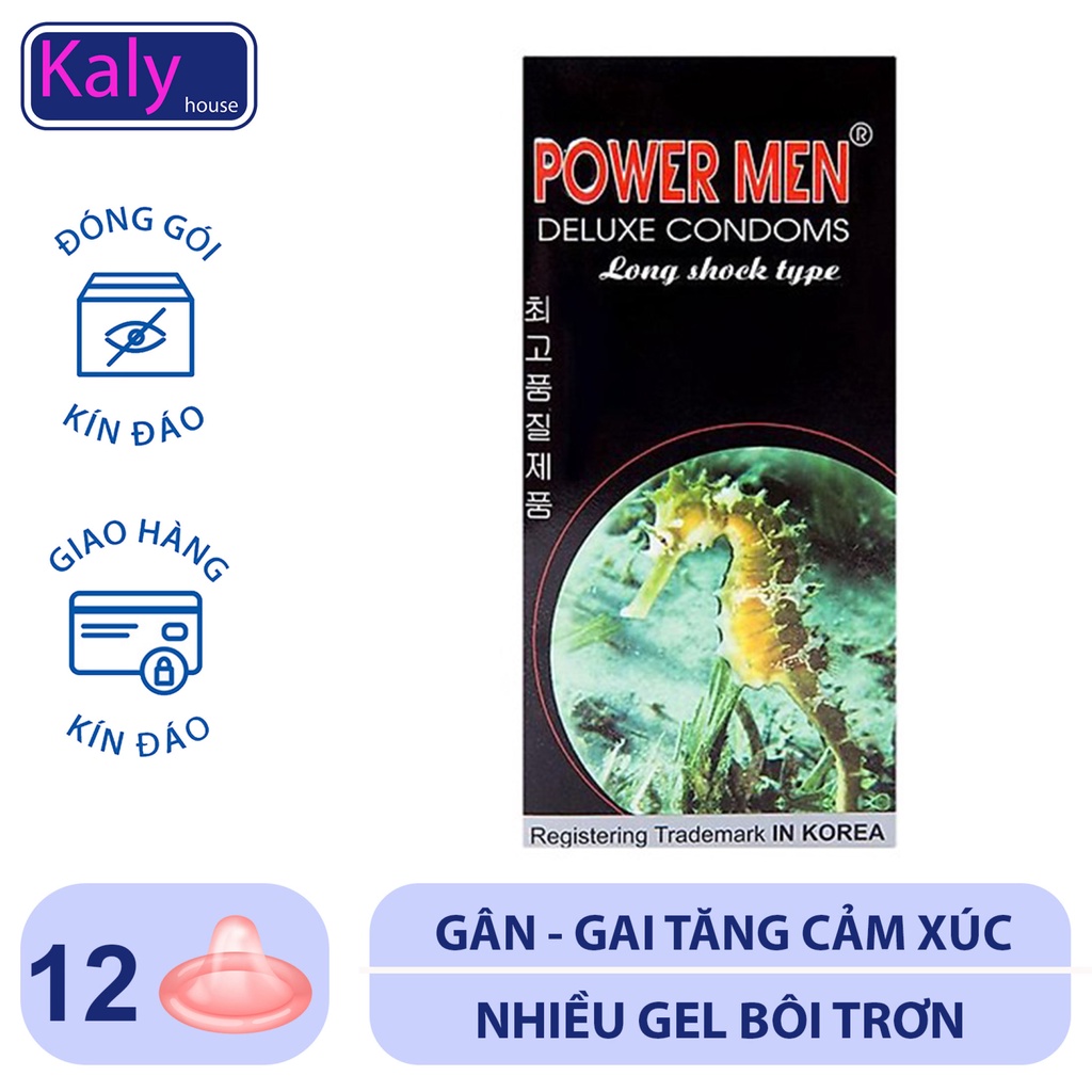 Bao Cao Su PowerMen Cá ngựa hộp 12 bao giúp nam giới Yêu Lâu Hơn - Siêu Mỏng - Gai Chìm và Bi Nổi.Che tên sản phẩm