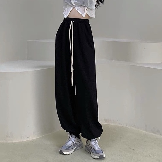 Quần joggers, quần cotton ống rộng cạp cao, quần nỉ cho nữ dây rút phong cách_B9