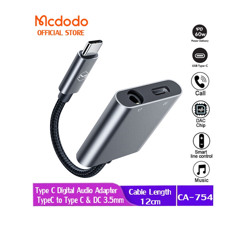 Bộ chuyển đổi âm thanh Mcdodo 60W PD Type C DC 3.5mm hỗ trợ micro cho Huawei Samsung Xiaomi CA-7540 CA-7550