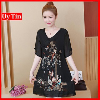 Đầm voan thêu hạc cổ xéo, đầm voan thêu cực sang trọng, dáng xòe dễ thương