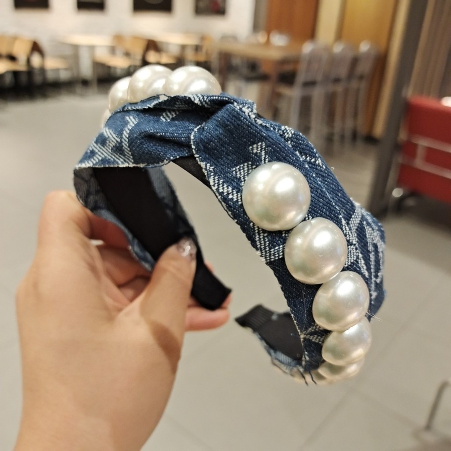 Băng Đô Vải Denim Đính Ngọc Trai Nhân Tạo Thời Trang Sang Trọng