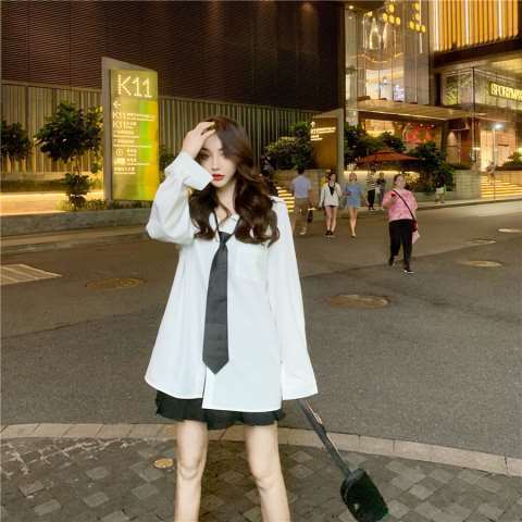 Áo Sơ Mi Tay Dài Dáng Rộng Tay Dài Màu Trắng Thắt Cà Vạt In Chữ Phong Cách JK Hàng Mới 2020 Dành Cho Bạn Nữ