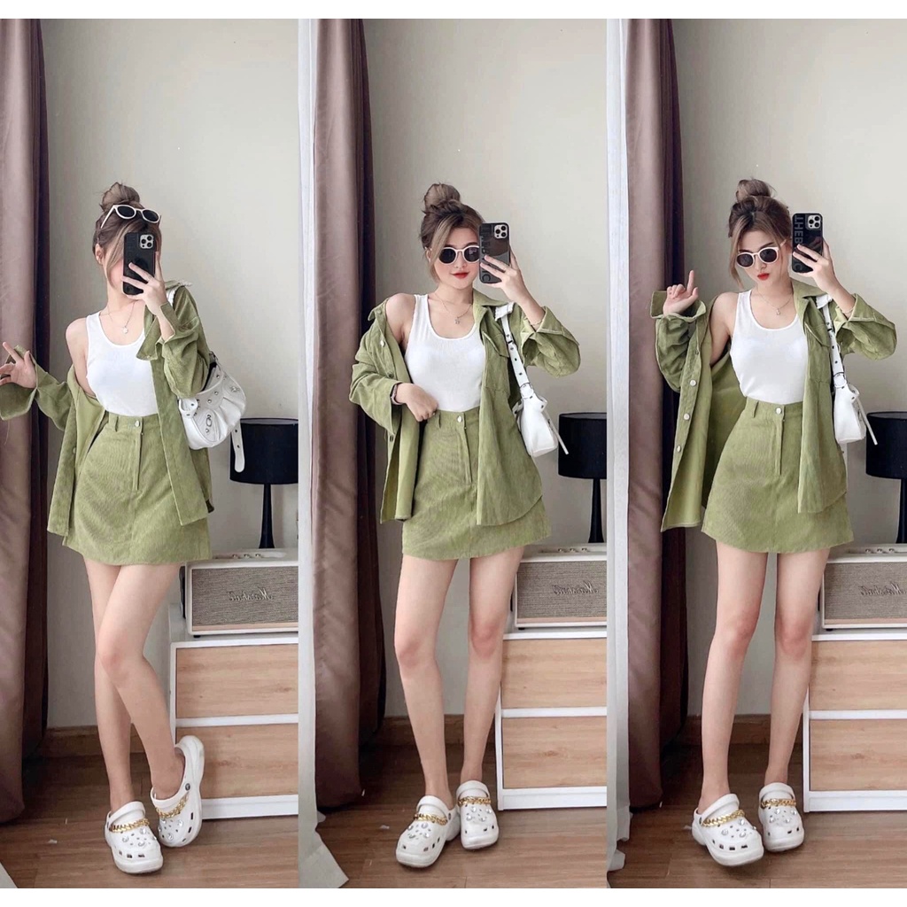 Set Đồ Áo Sơ Mi Và Váy Có Lót Nhung Túi Hộp Hàn Quốc, Freesize Dưới 60Kg, Dáng Basic Cực Xinh
