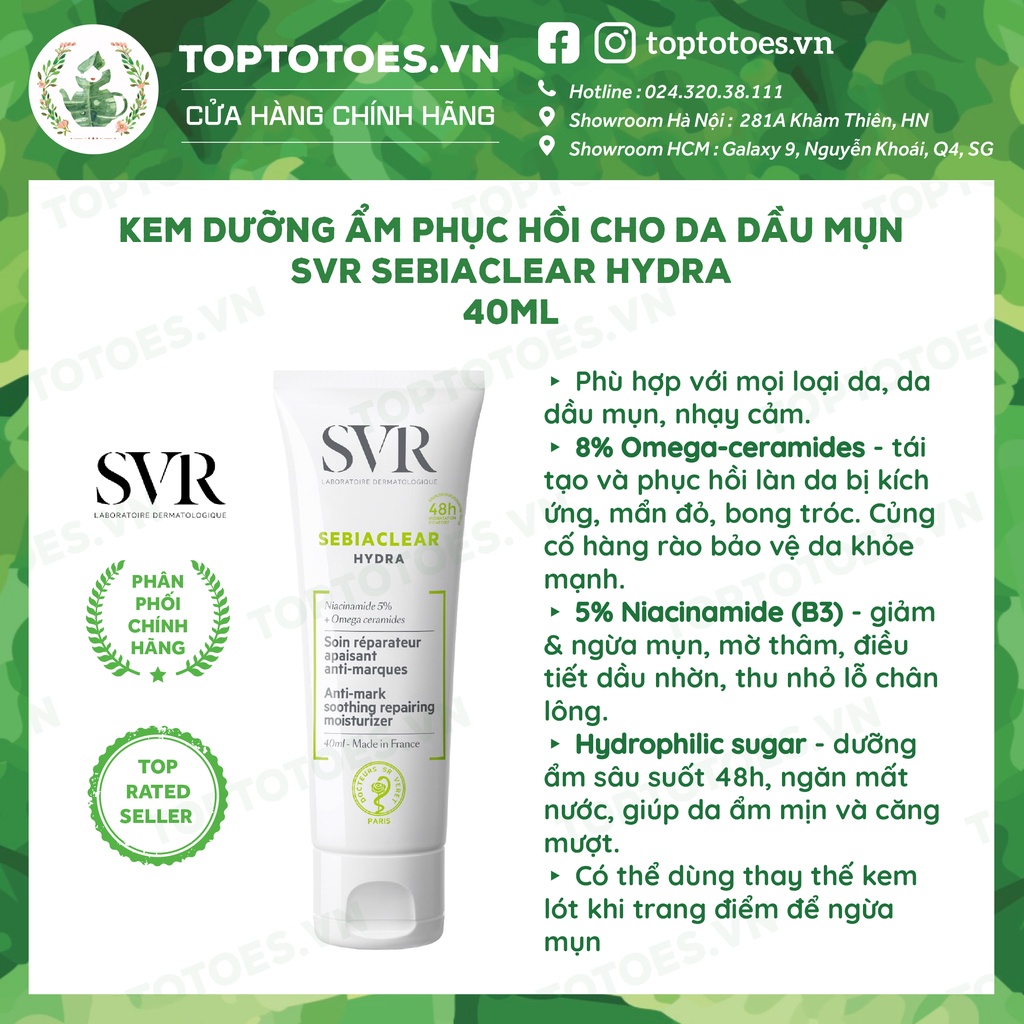 Kem dưỡng ẩm phục hồi cho da dầu mụn SVR Sebiaclear Hydra giảm mụn, mờ thâm - 40ml [NHẬP KHẨU CHÍNH HÃNG 100%]
