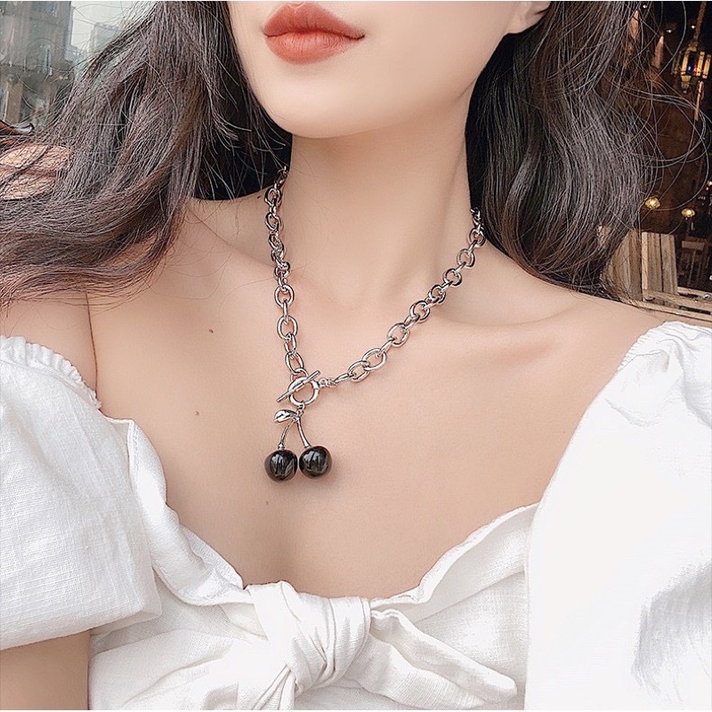 vòng cổ chocker thép titan bền màu mặt thiết kế hình quả cherry độc lạ mã TH0129555