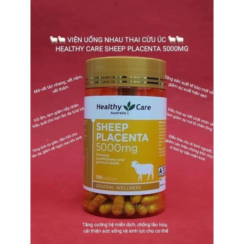 [Cam kết chuẩn Úc] Nhau Thai Cừu Úc Sheep Placenta Healthy Care 5000mg - 100 viên, chống lão hóa, nâng cơ, mờ nám