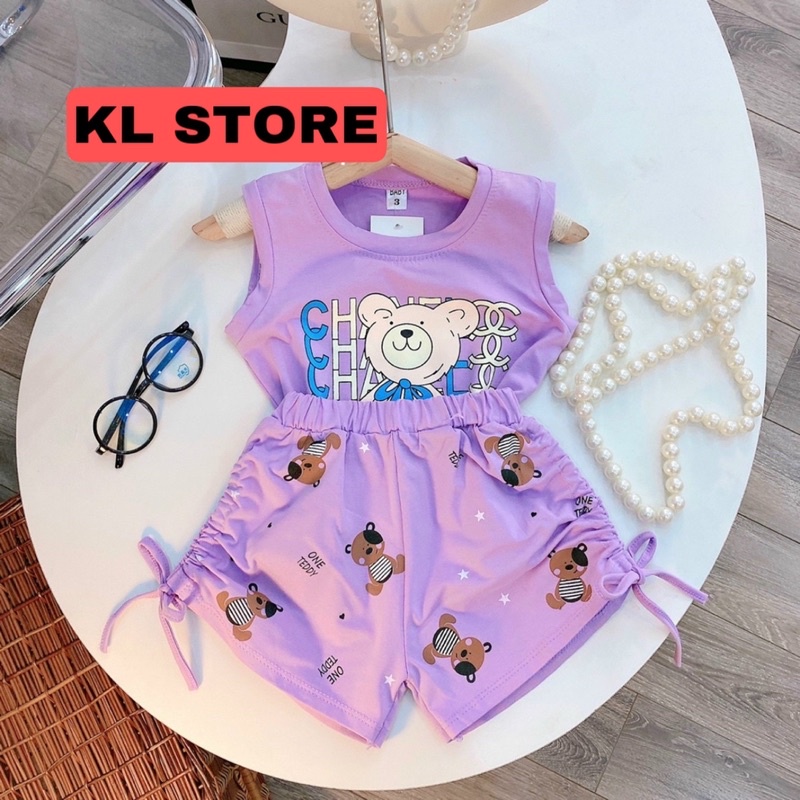 Bộ gấu sát nách cho bé gái (7-22kg), 100% cotton phối hình xinh TE11
