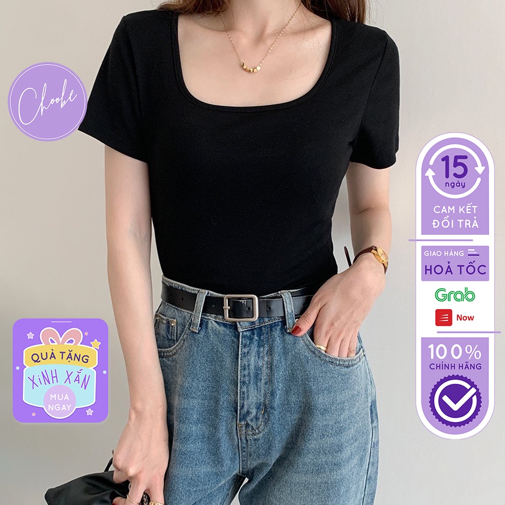 Áo phông nữ Choobe cổ vuông cộc tay form đẹp thun trơn co giãn tốt màu đen trắng basic A46