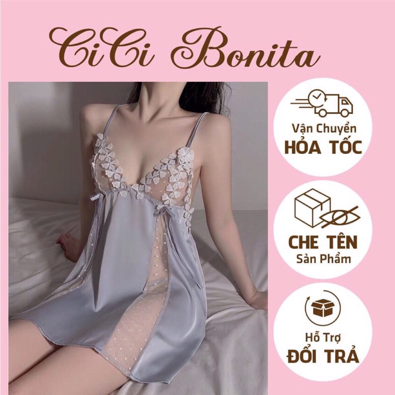 Đầm 2 dây /Váy ngủ lụa phối hoa tiểu thư mỏng manh hottrend hàng loại 1 Quảng Châu CV52 CICI BONITA HCM