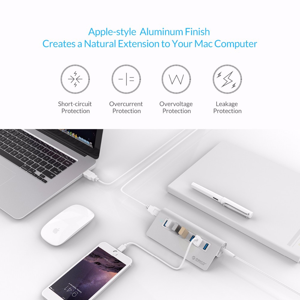 Orico Bộ Chia 7 Cổng Usb 3.0 12V 3.3Ft Siêu Tốc Cáp ChuyểN ĐổI Usb 3.0 Cho iMac MacBook PC Laptop (M3H7-V1)