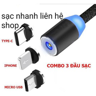 Combo bộ cáp sạc từ hút nam châm và 3 đầu micro usb, type C và iPhone có đèn led