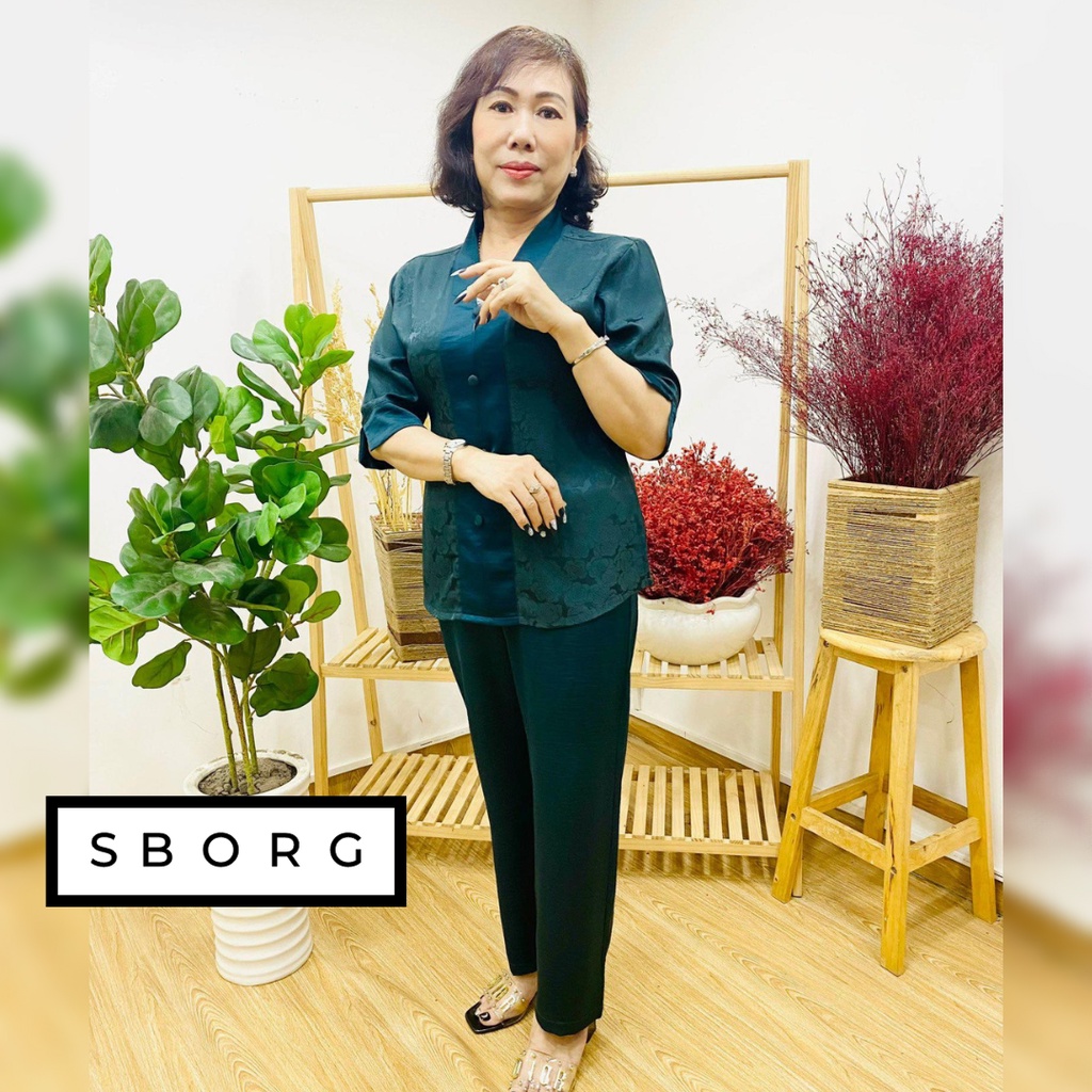 Bộ mặc nhà trung niên SBORG pijama gấm lụa cao cấp cổ chui tay lửng sang trọng quần trơn có túi bigsize 50-85kg tặng mẹ