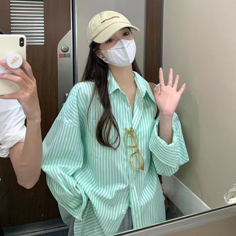 Áo sơ mi SUXI tay dài kẻ sọc dáng rộng thời trang Hàn Quốc cho nữ