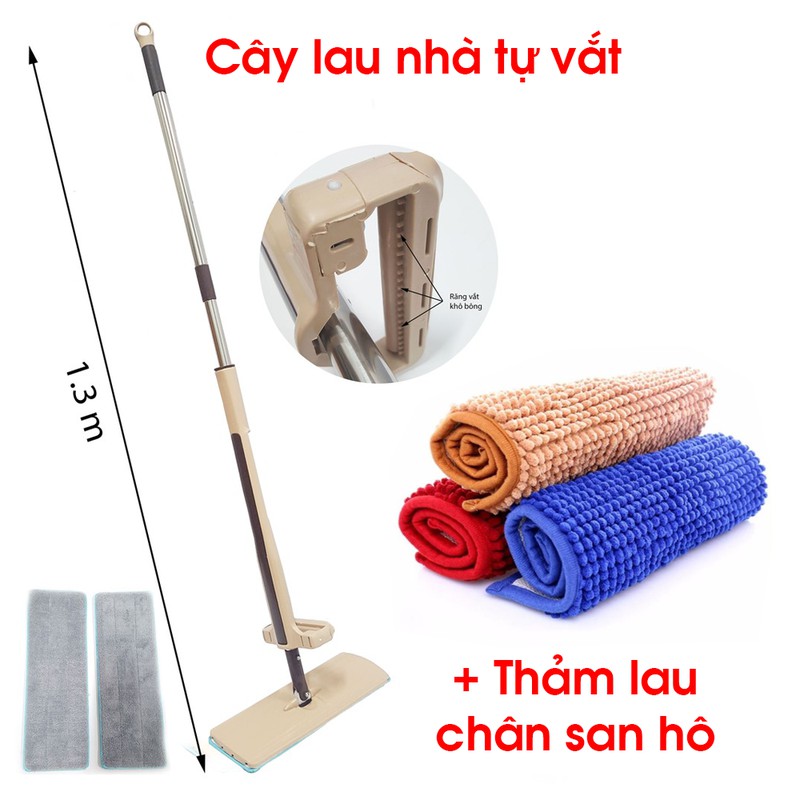 COMBO Cây lau nhà tự vắt + Thảm lau chân san hô