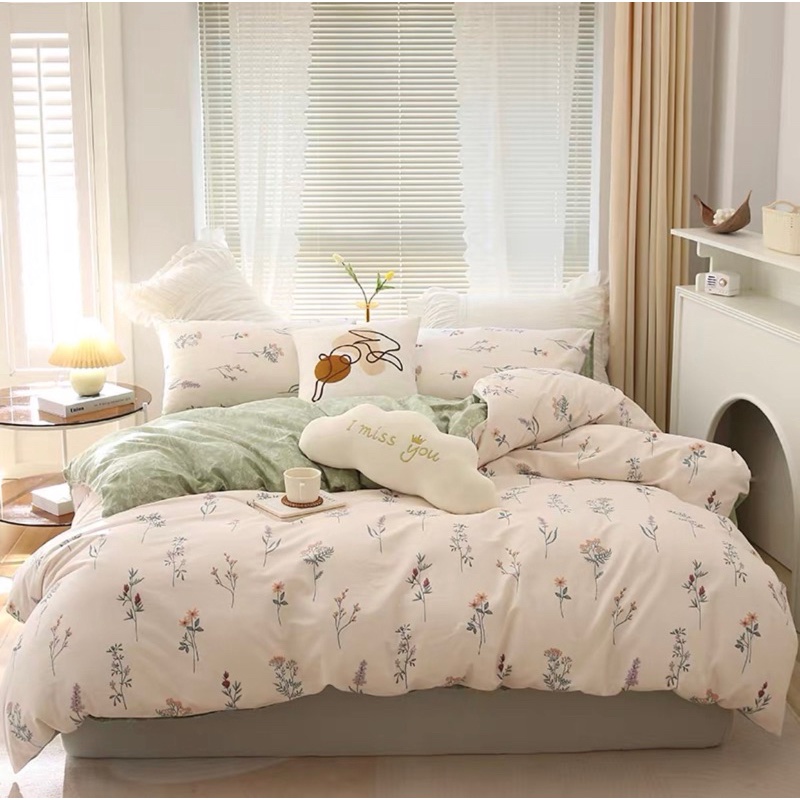 Bộ chăn ga gối cotton Living nhập khẩu Lonaa họa tiết hoa nhí xanh (full size)