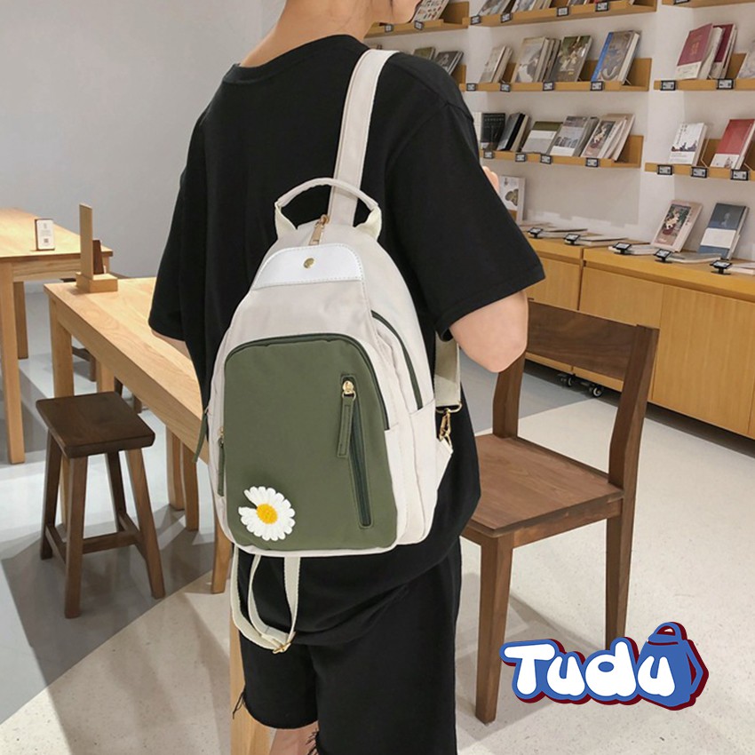 Balo Mini Tudu, Ba Lô Nữ Kết Hợp Túi Đeo Chéo Thời Trang Phong Cách Hàn Quốc Kèm Sticker Hoa Cúc CN163 Xanh Rêu