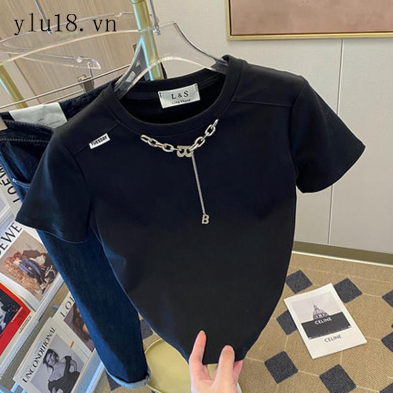 Áo Thun Tay Ngắn Phối Dây Xích Bằng Cotton Nguyên Chất Phong Cách Mới Mùa Hè 2022