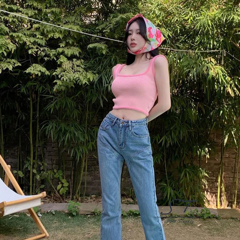 NFW-Women Summer Crop Tops, Plush Hem Decor Ribbed Bottoming Sleeveless Elastic U-neck Camisole