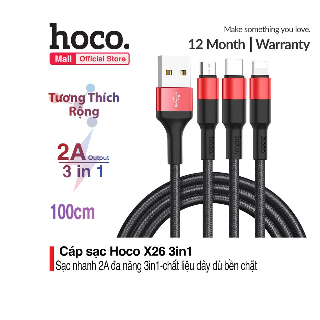 Cáp sạc Hoco X26 3 đầu đa năng Lightning - Micro - Type C dài 1m dây dù siêu bền