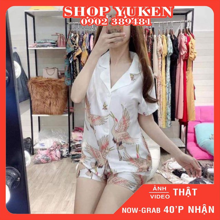 Bộ Pijama Hạc Lụa Áo Cộc Quần Đùi