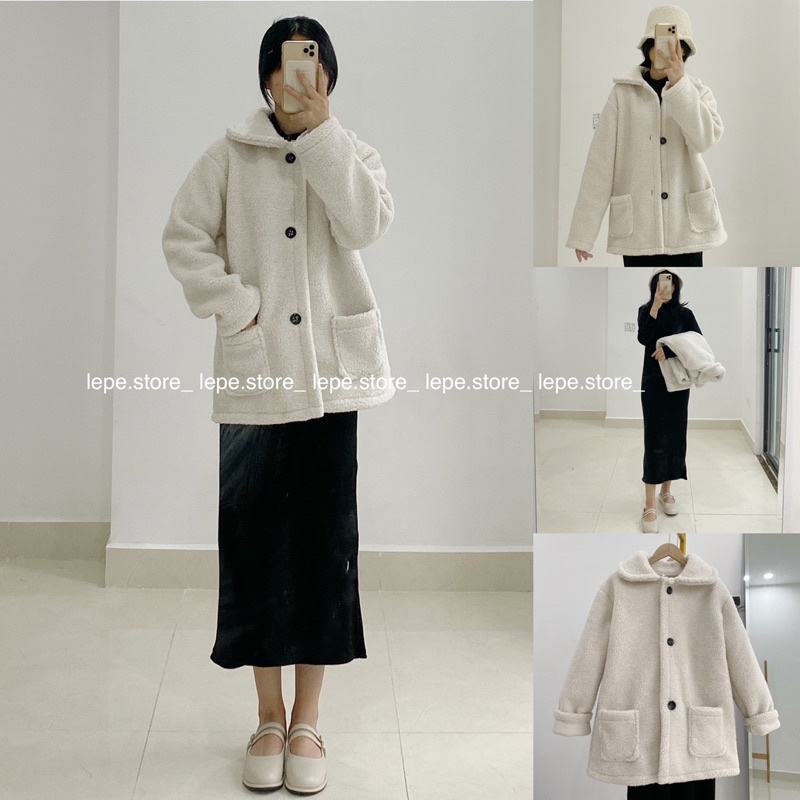 Set áo khoác lông cừu kèm váy suông midi basic phong cách vintage (ảnh tự chụp)