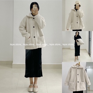 Set áo khoác lông cừu kèm váy suông midi basic phong cách vintage