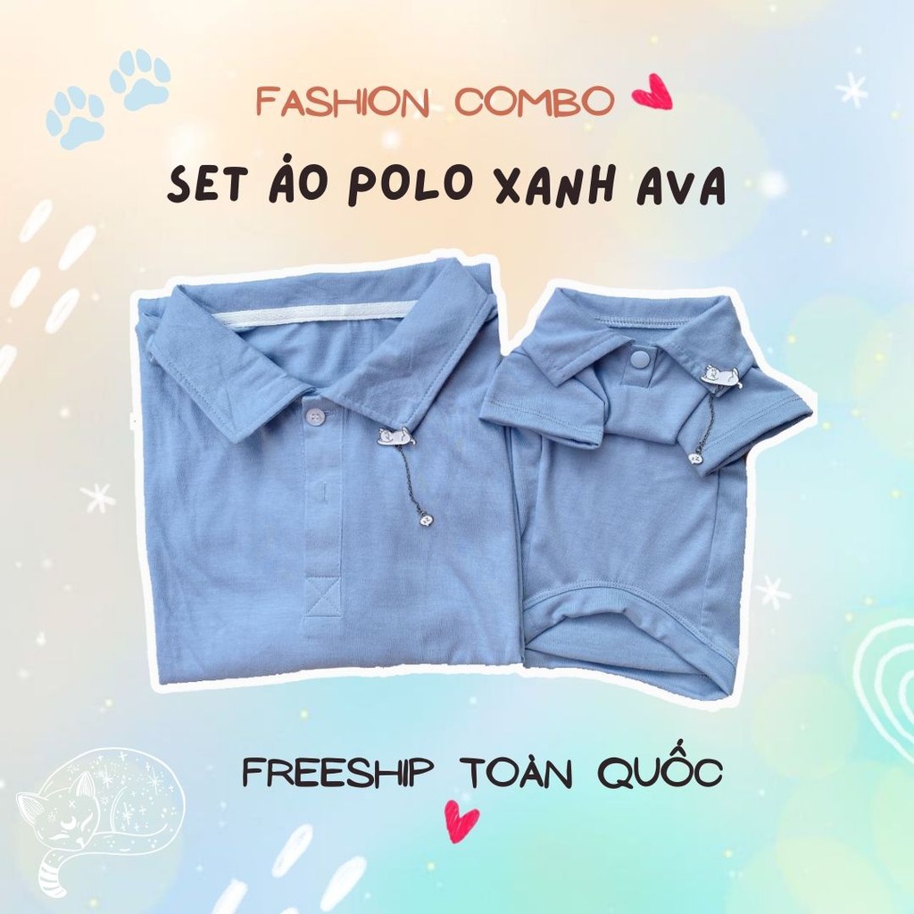 Áo Phông Polo - Combo Áo Cho Chó Mèo Đôi Với Sen Màu Xanh Ava (Có áo lẻ)