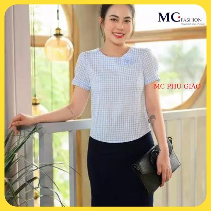 Áo Kiểu Tay Cộc Kẻ Sọc Caro Công Sở Mc Fashion Màu Cam Xanh Cổ Tròn TA971