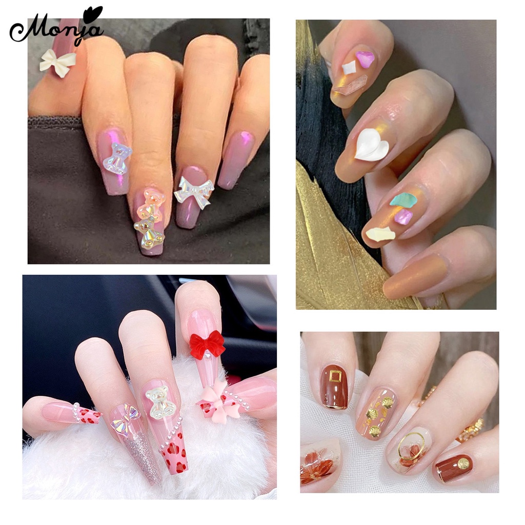 Phụ kiện đính trang trí móng tay Monja 7 ngăn hình gấu/ nơ/ bướm kim tuyến cực quang bằng hợp kim DIY