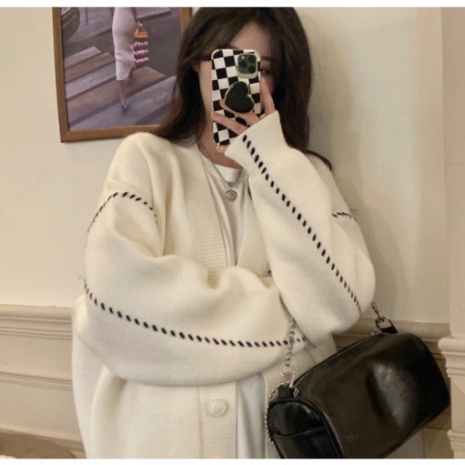 Áo cardigan nữ đen trắng form rộng dài LUHAZO khoác oversize, bigsize Retro D-16